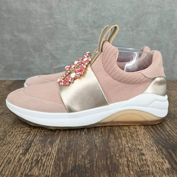 Karl Lagerfeld Charlee Slip On Sneakers 8 Gold Blush Pink Stretch Knit Crystals - Picture 9 of 16